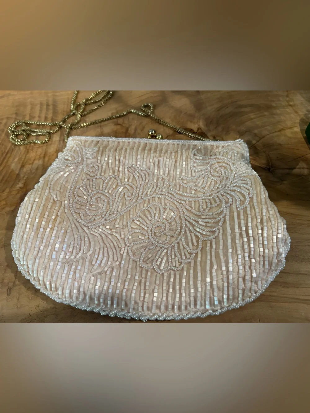 Vintage Beaded Cream Colored Evening Clutch with Gold Chain Strap
